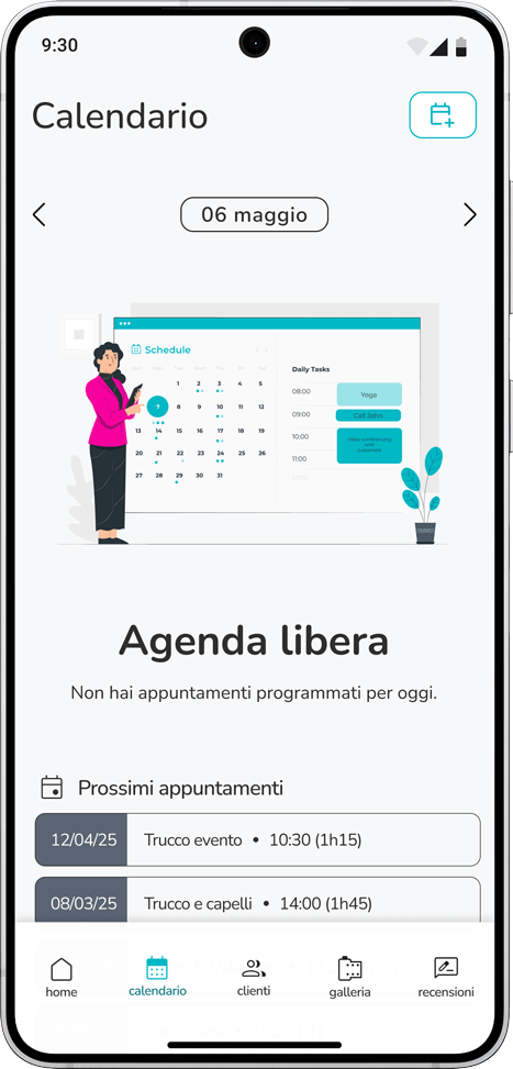 Calendario BeautyRoom Business: vista giornaliera, settimanale e mensile