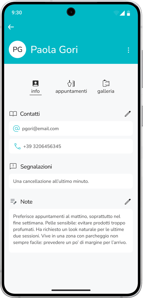 Profilo cliente con cronologia, note e foto su BeautyRoom Business